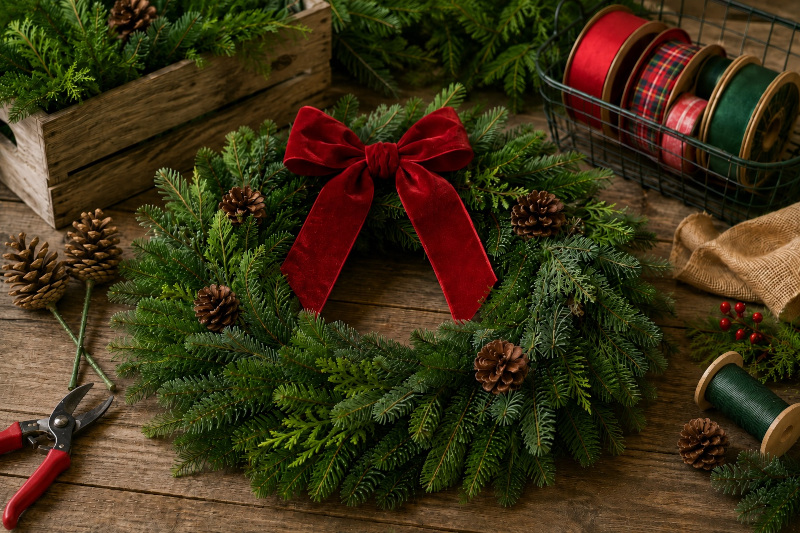 Fresh evergreen wreath with red bow